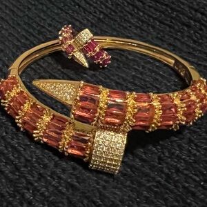 Gold-Tone Pink Crystal Nail-Style Cuff Snake Bracelet & Ring Costume Jewelry Set